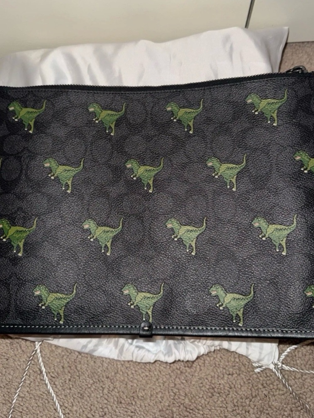 Coach Black Zip Pouch with Green Dinosaur Motif